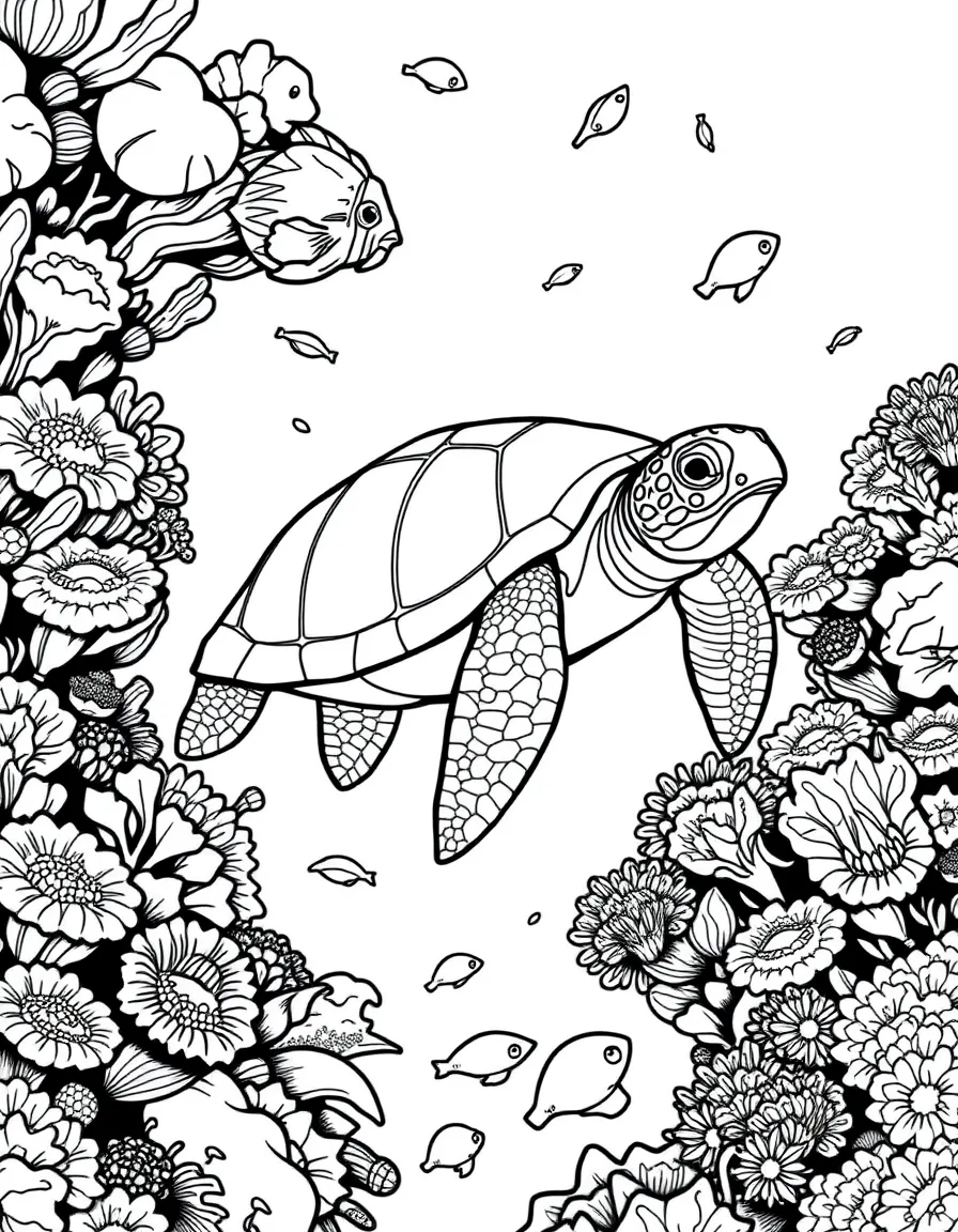 A sea turtle swimming through a coral reef, surrounded by tropical fish and colorful sea anemones