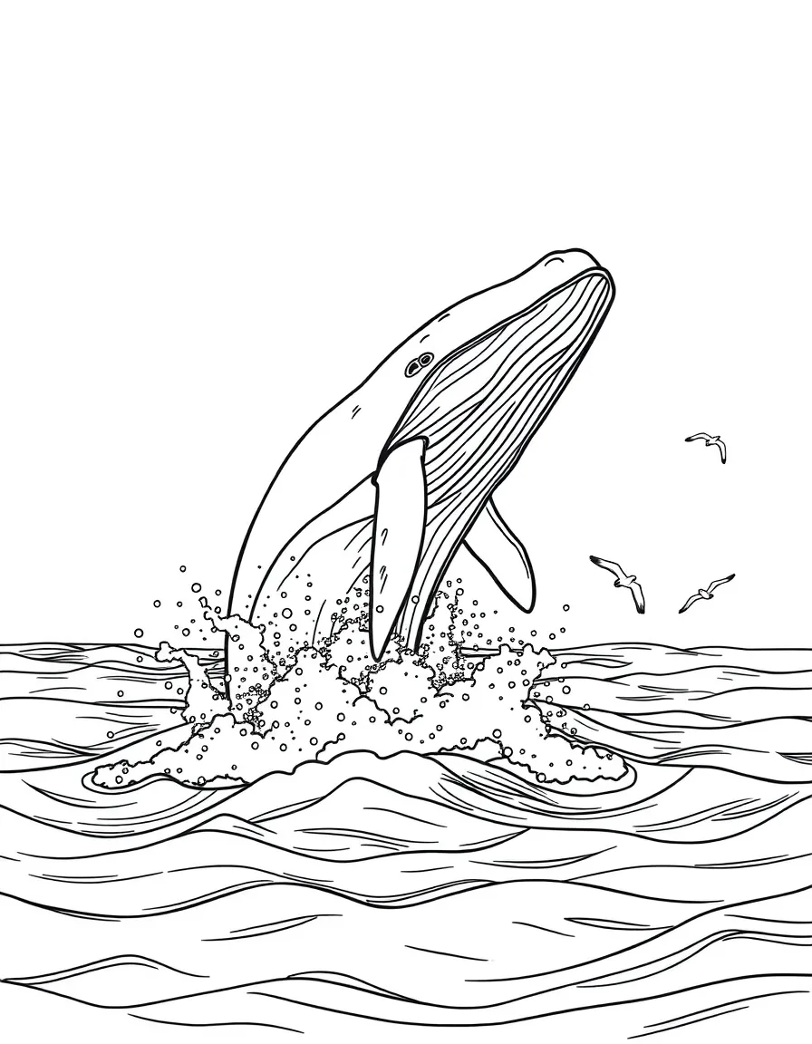A whale breaching the surface of the ocean, with water cascading off its massive body and seabirds nearby