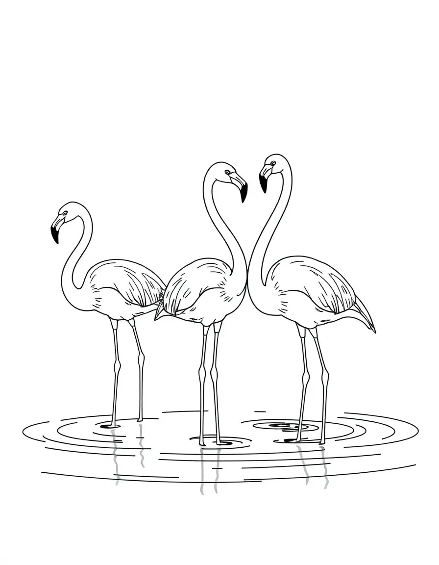 A group of flamingos standing in shallow water, with their pink feathers and long necks creating elegant shapes