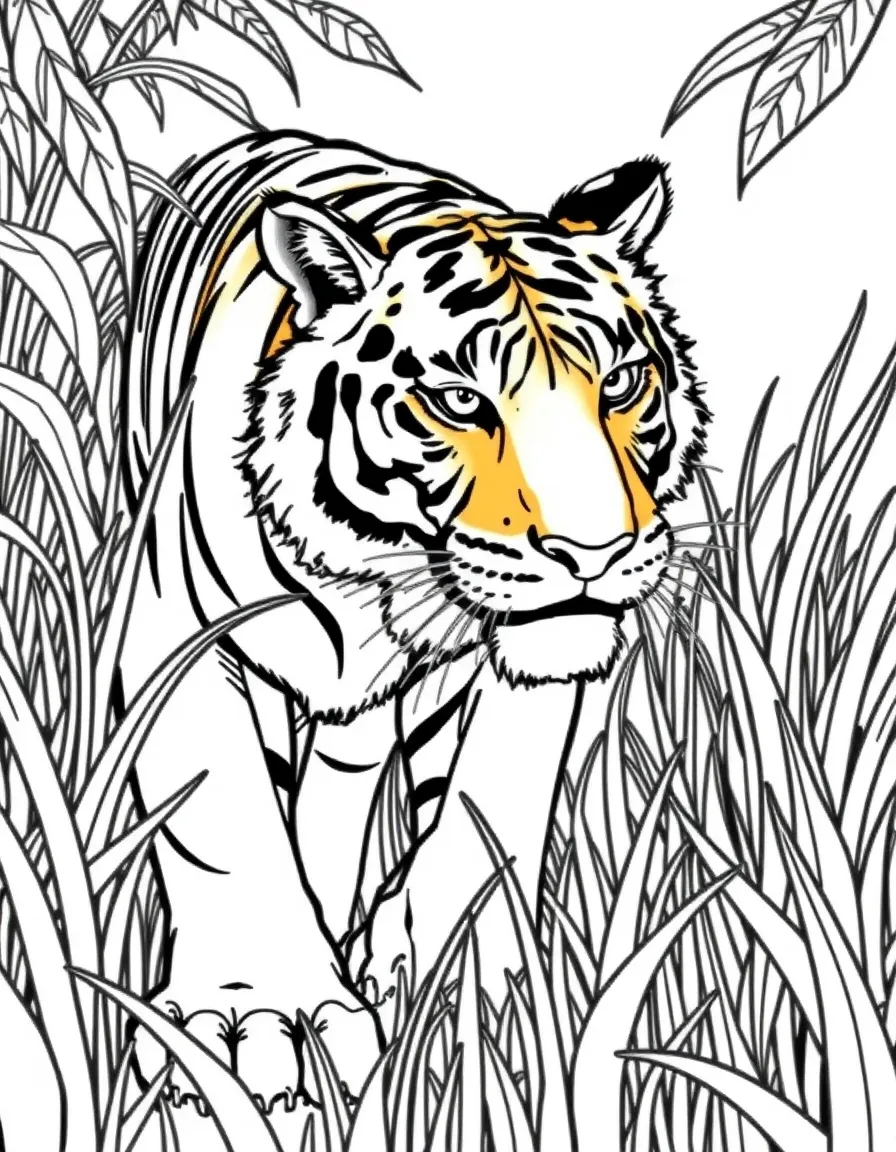 A tiger stalking through tall jungle grass, with distinctive orange and black stripes and piercing eyes