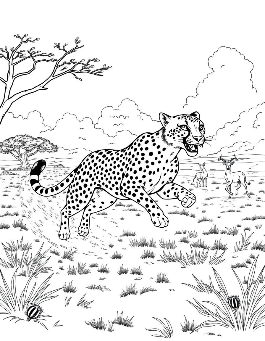 A cheetah running at full speed across the African plains, with dust clouds and gazelles in the distance