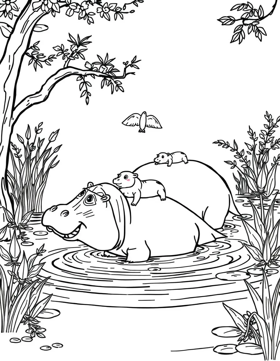 A hippopotamus family in a river, with babies riding on their mothers' backs and water plants around