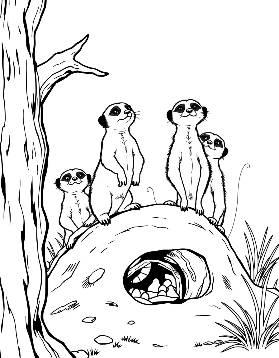 A group of meerkats standing guard on their burrow, with some watching for danger while others play