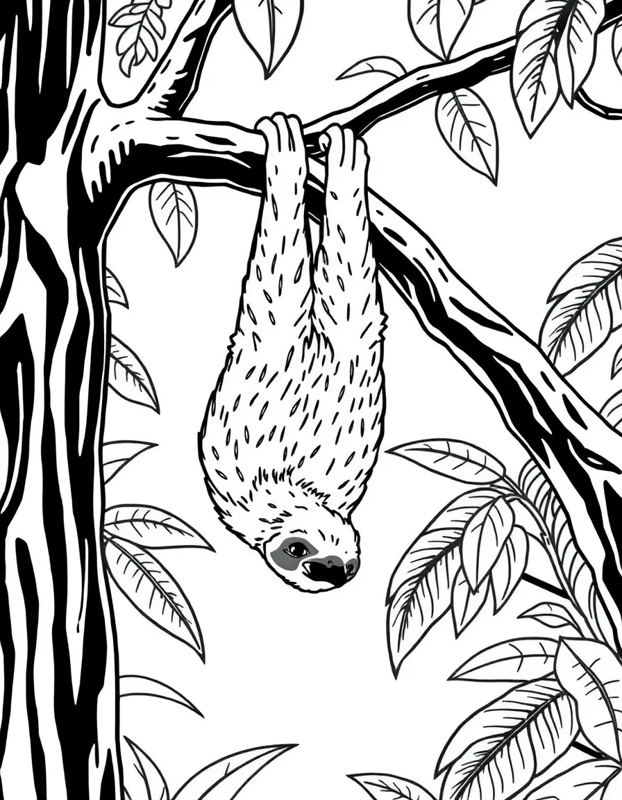 A sloth hanging upside down from a tree branch, moving very slowly through the rainforest canopy