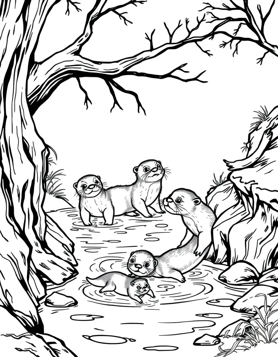 A family of otters playing in a stream, sliding down muddy banks and swimming through clear water