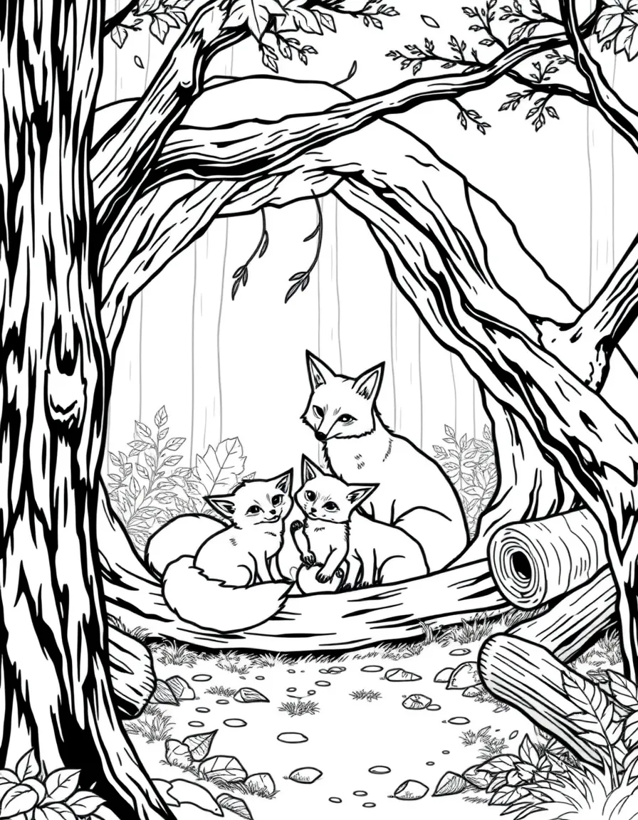 A fox family in their den, with kits playing while parents keep watch in a forest setting with fallen logs