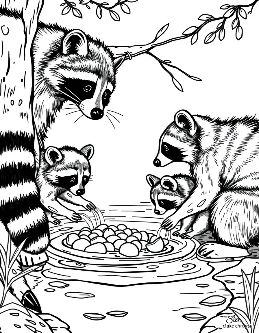 A raccoon family washing food in a stream, with their distinctive masked faces and ringed tails visible