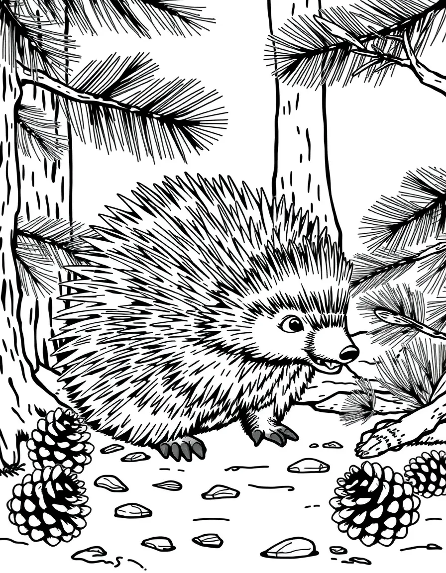 A porcupine in a pine forest, with its quills raised defensively and pine cones scattered on the ground