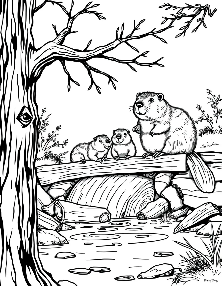 A beaver family building a dam across a stream, with logs, sticks, and engineering skills on display