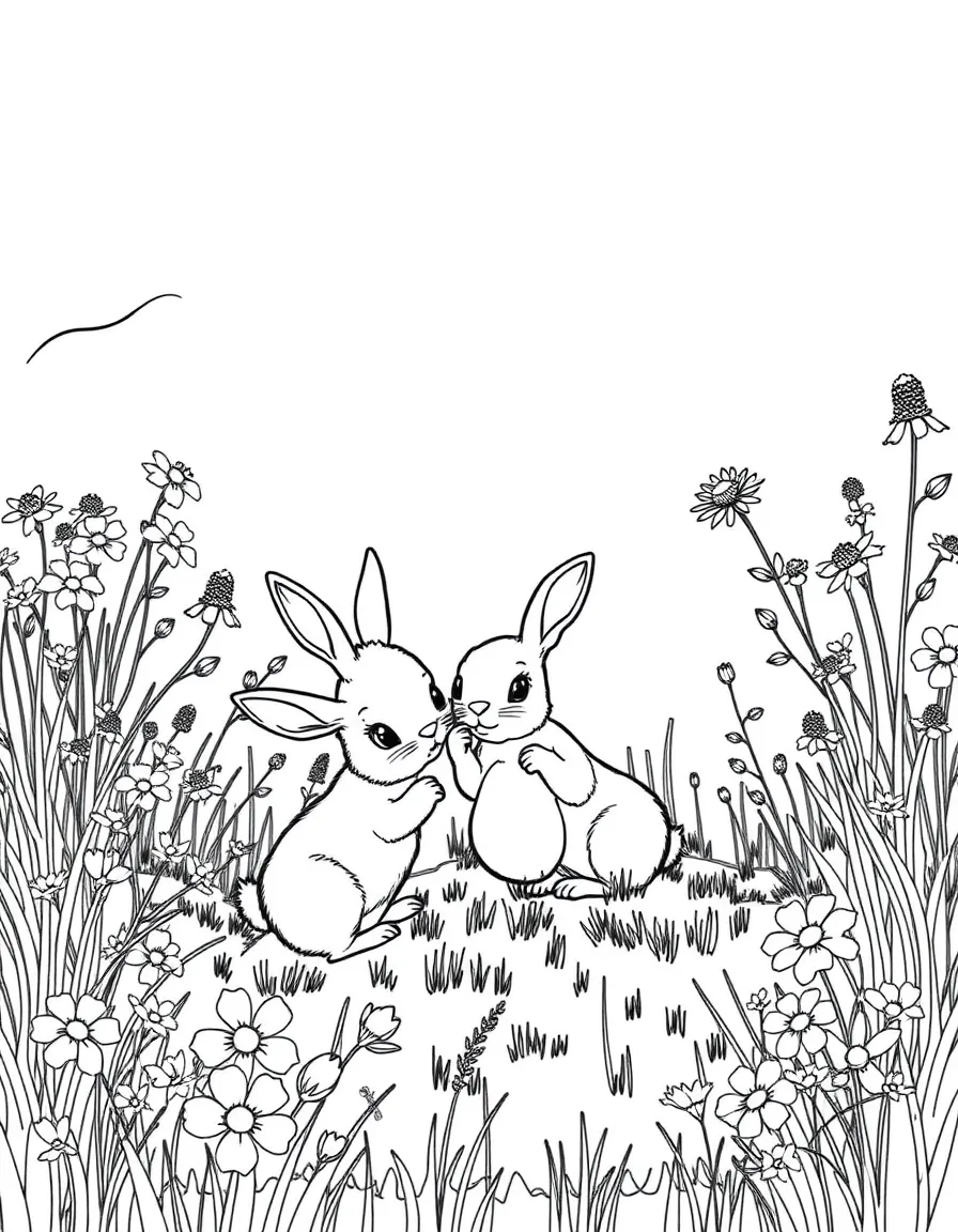 A family of rabbits in a meadow filled with wildflowers, with babies hopping and playing together
