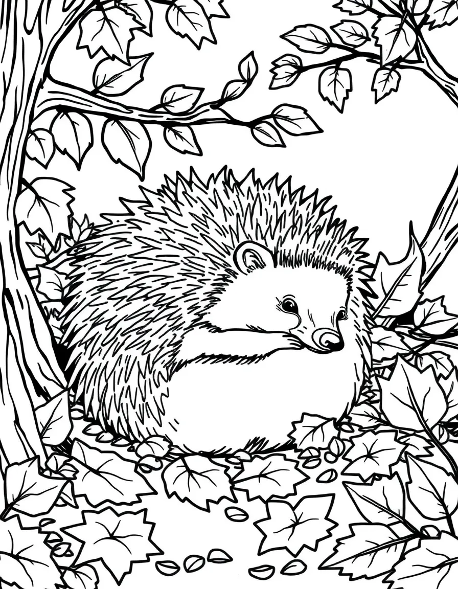 A hedgehog curled up in a ball among autumn leaves, with its spines protecting it in a cozy forest scene