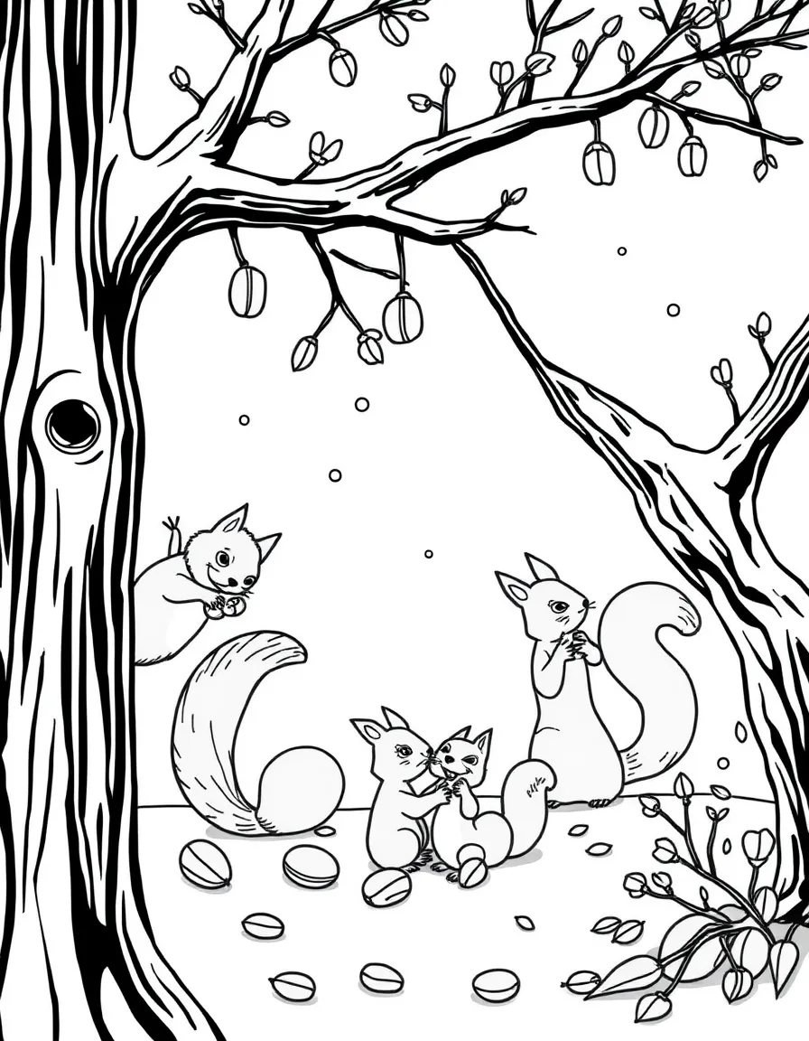 A family of squirrels gathering nuts for winter, climbing trees and storing food in various hiding places