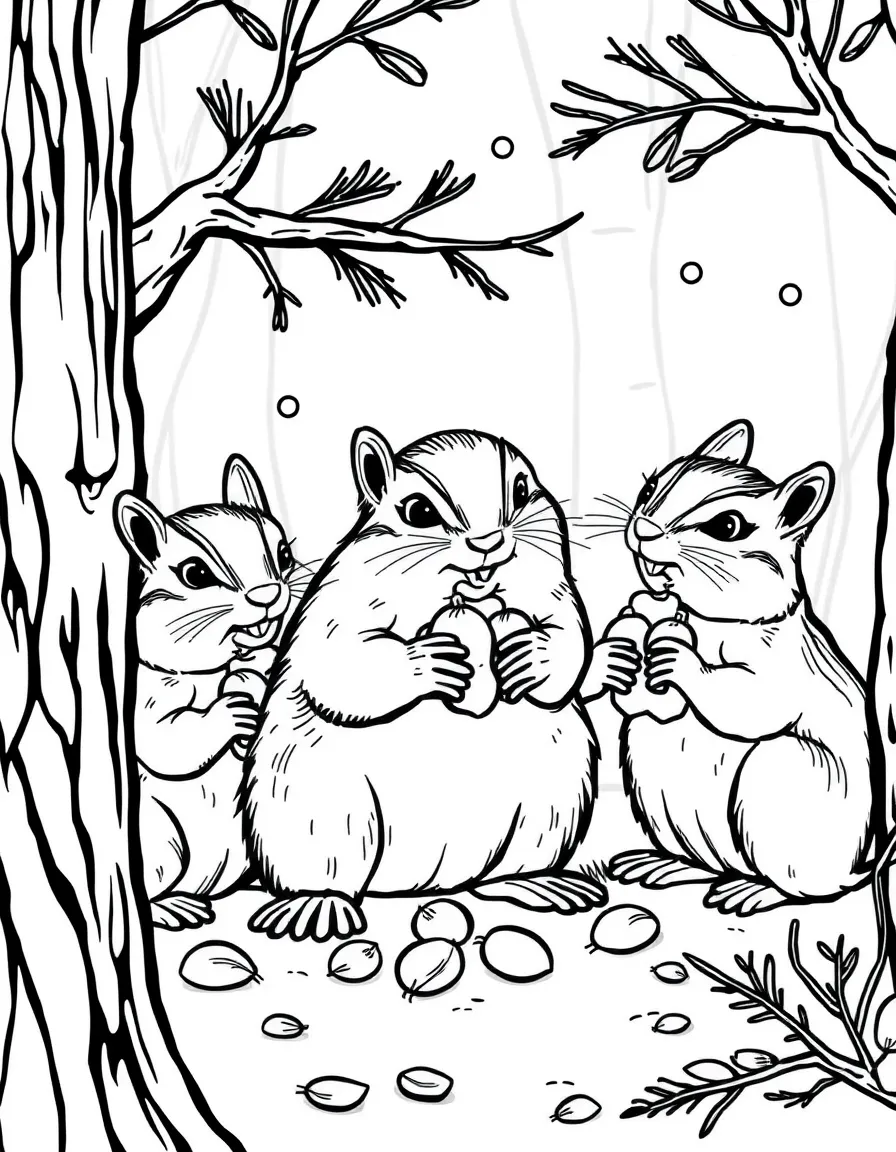 A group of chipmunks with their cheeks stuffed full of seeds, preparing for winter in a forest setting