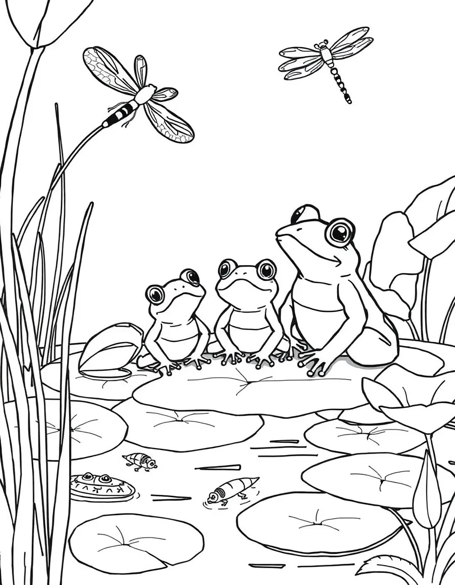 A family of frogs sitting on lily pads in a pond, with tadpoles swimming and dragonflies hovering above