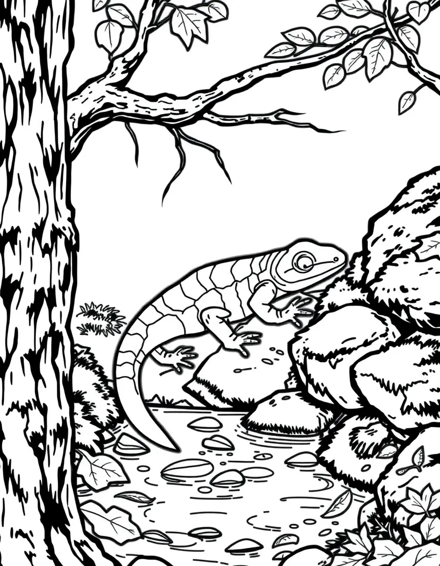 A salamander in its woodland habitat, near a small stream with moss-covered rocks and fallen leaves