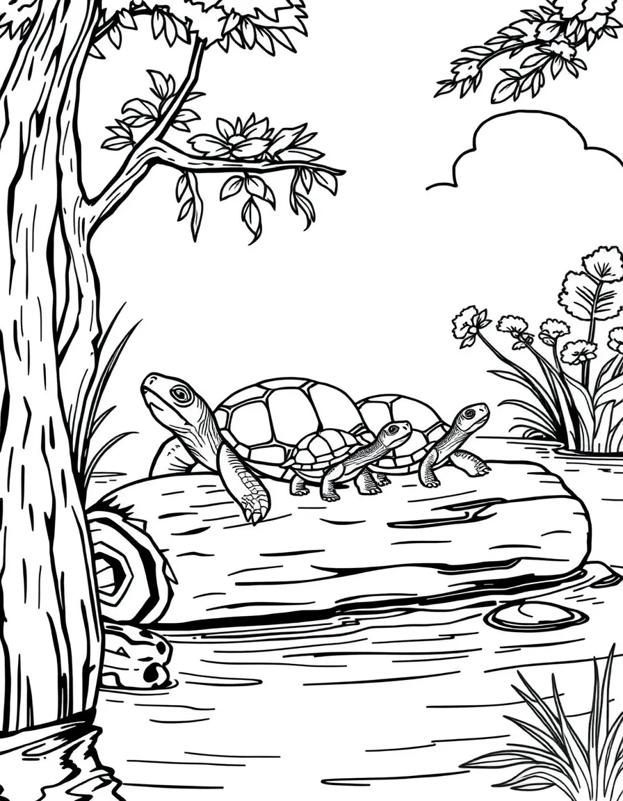 A turtle family sunning themselves on a log, with different sizes showing generations in a peaceful lake