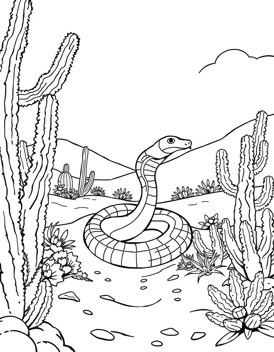 A snake slithering through desert sand, with cacti and desert plants creating a hot, dry landscape around