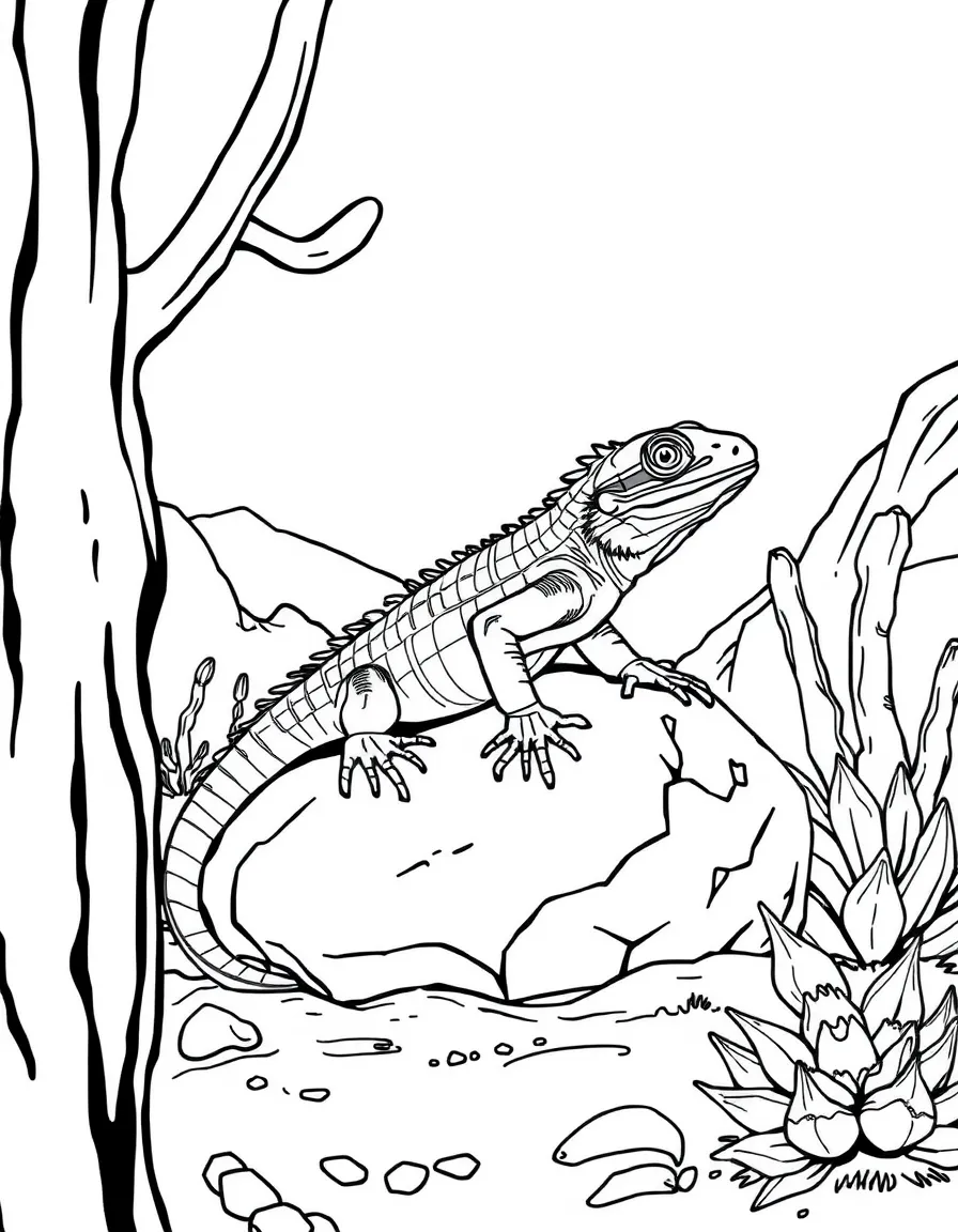 A lizard basking on a warm rock, with detailed scales and a desert environment with succulents nearby