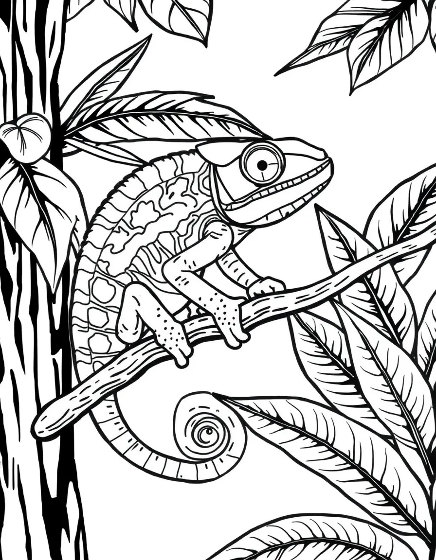 A chameleon changing colors on a branch, with its eyes moving independently and tropical plants around