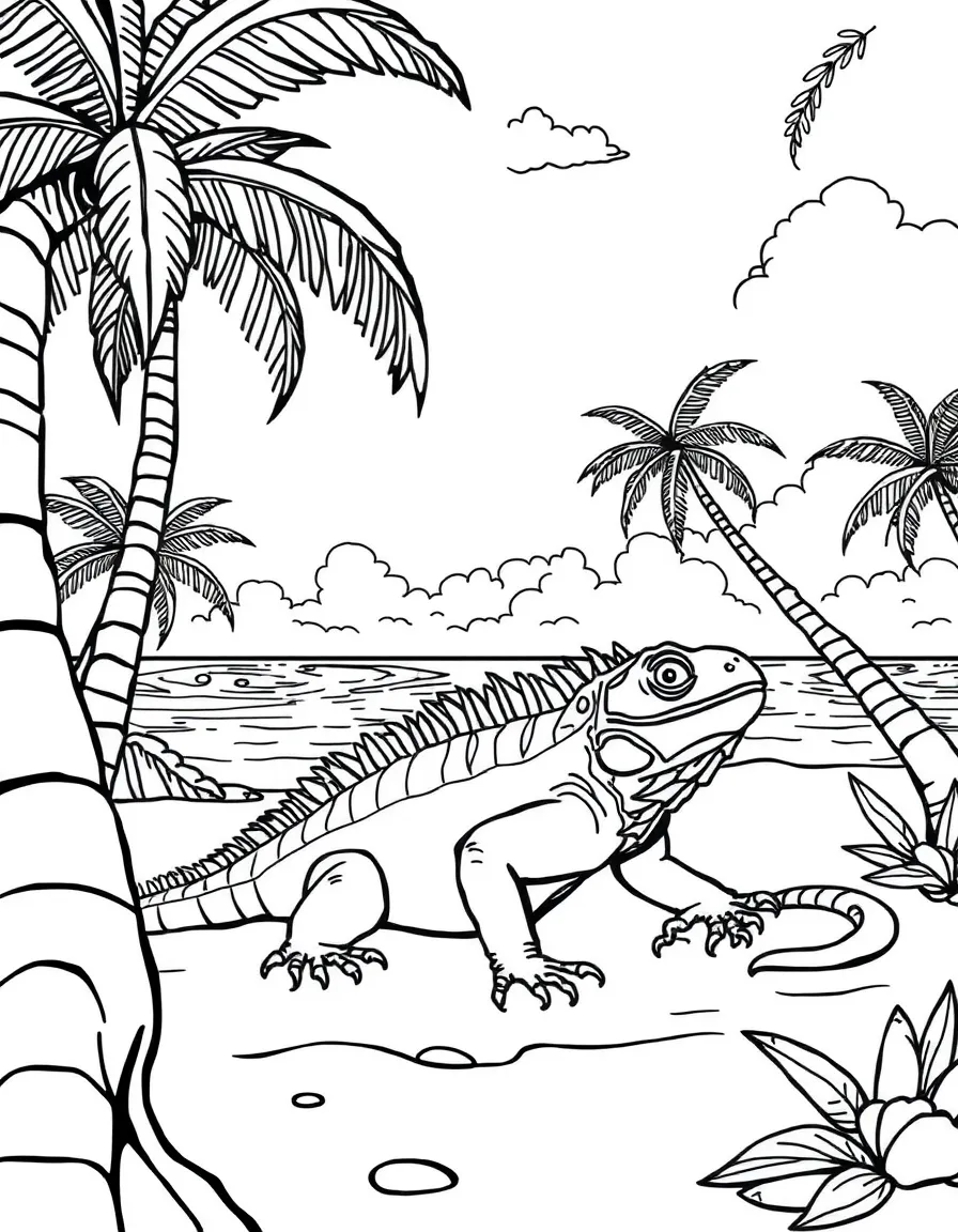 An iguana sunbathing on a beach, with palm trees and ocean waves creating a tropical island paradise