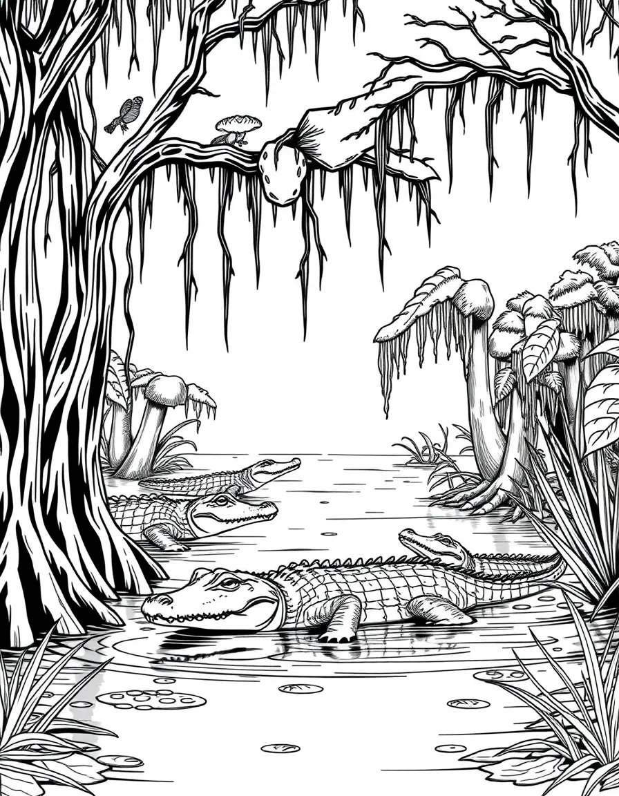 A family of alligators in a swamp, with cypress trees and Spanish moss creating a mysterious wetland scene