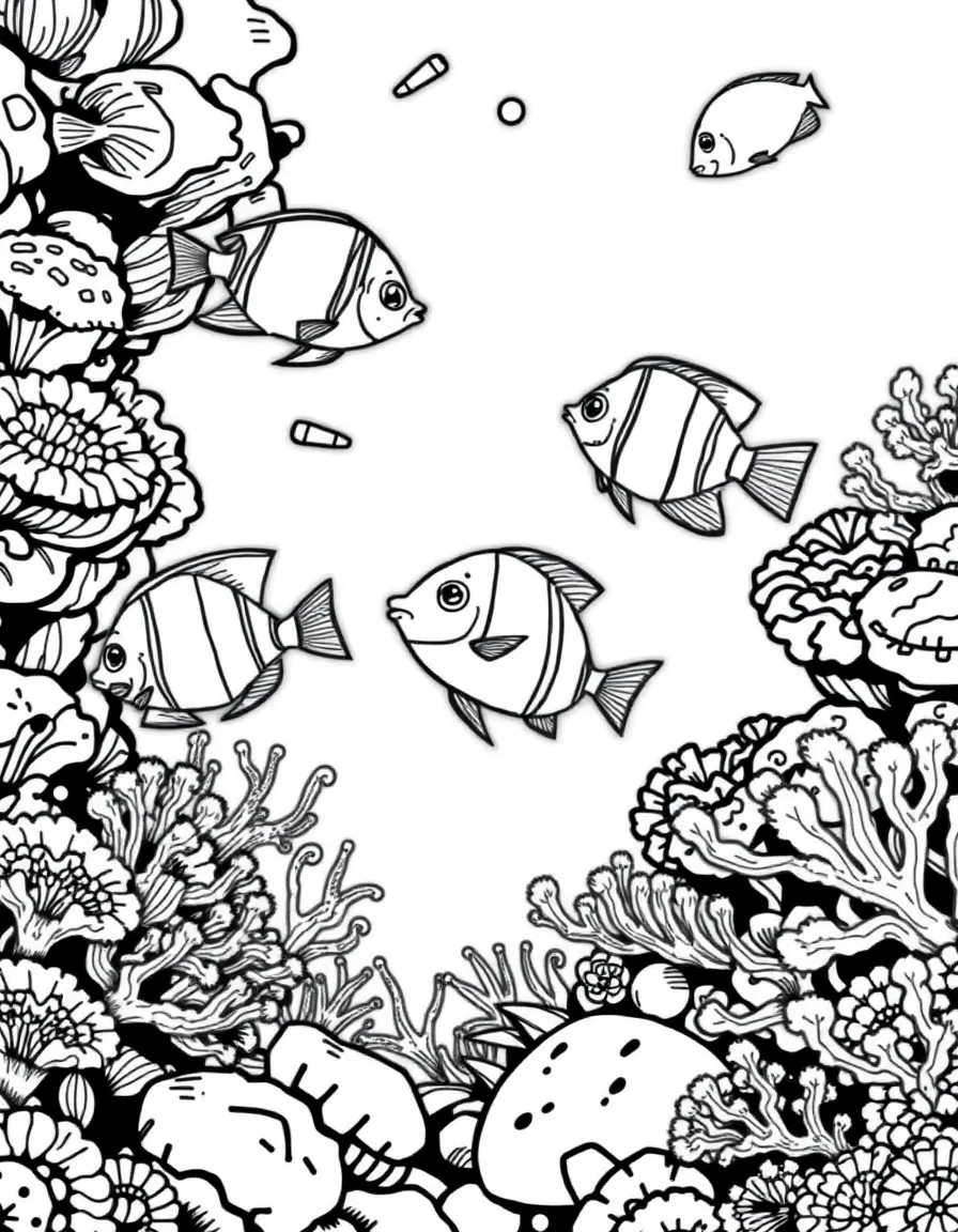 A group of colorful tropical fish swimming through a coral reef with sea fans and brain coral