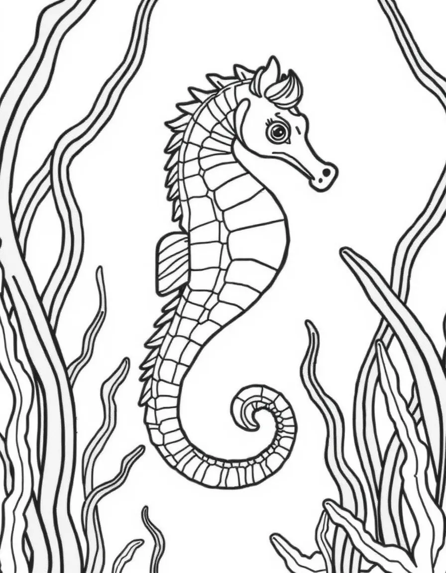 A seahorse floating among seaweed, with its curled tail and horse-like head in an underwater garden