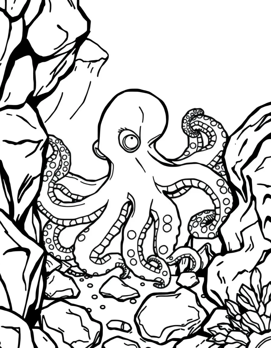 An octopus hiding among rocks on the ocean floor, with its tentacles and suction cups clearly detailed