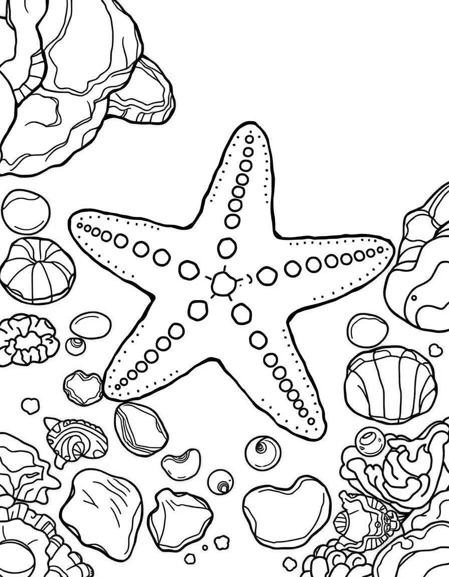 A starfish on a sandy ocean floor, surrounded by seashells and other tide pool creatures
