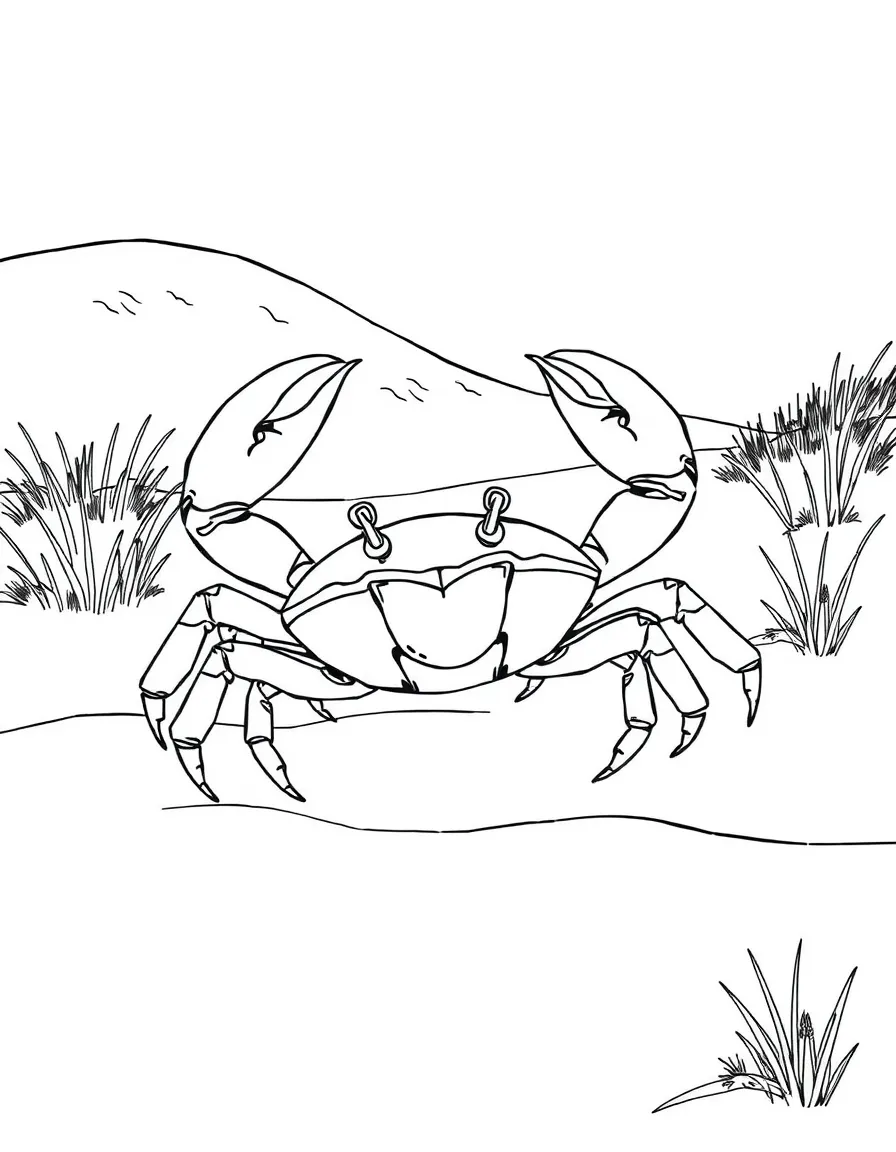 A crab scuttling across a beach, with its claws raised and sand dunes and beach grass in the background