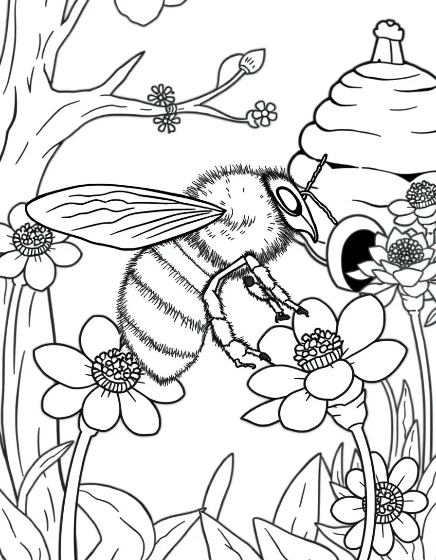 A bee collecting nectar from flowers, with pollen visible on its fuzzy body and a hive in the background