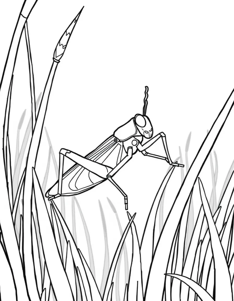 A grasshopper in tall grass, with its powerful jumping legs and antennae in a summer meadow setting