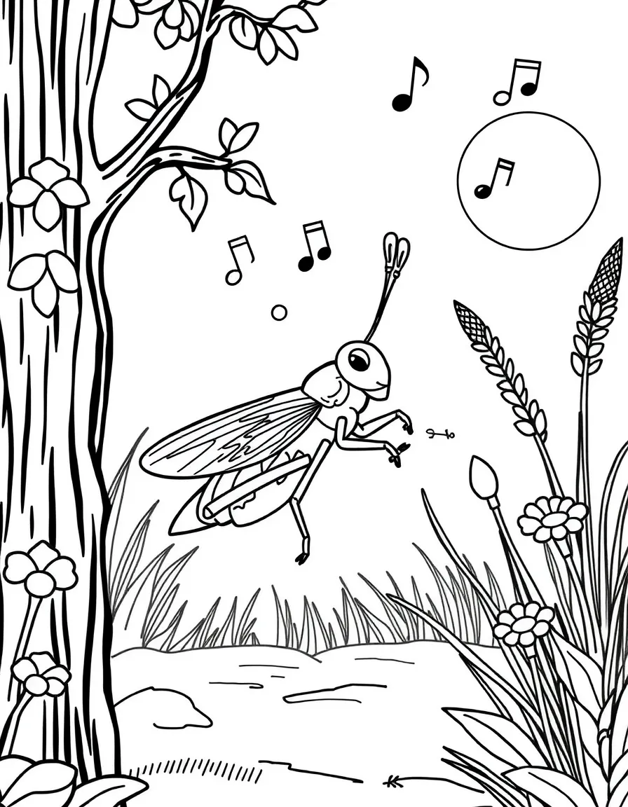 A cricket chirping on a summer evening, with musical notes floating around and garden plants nearby