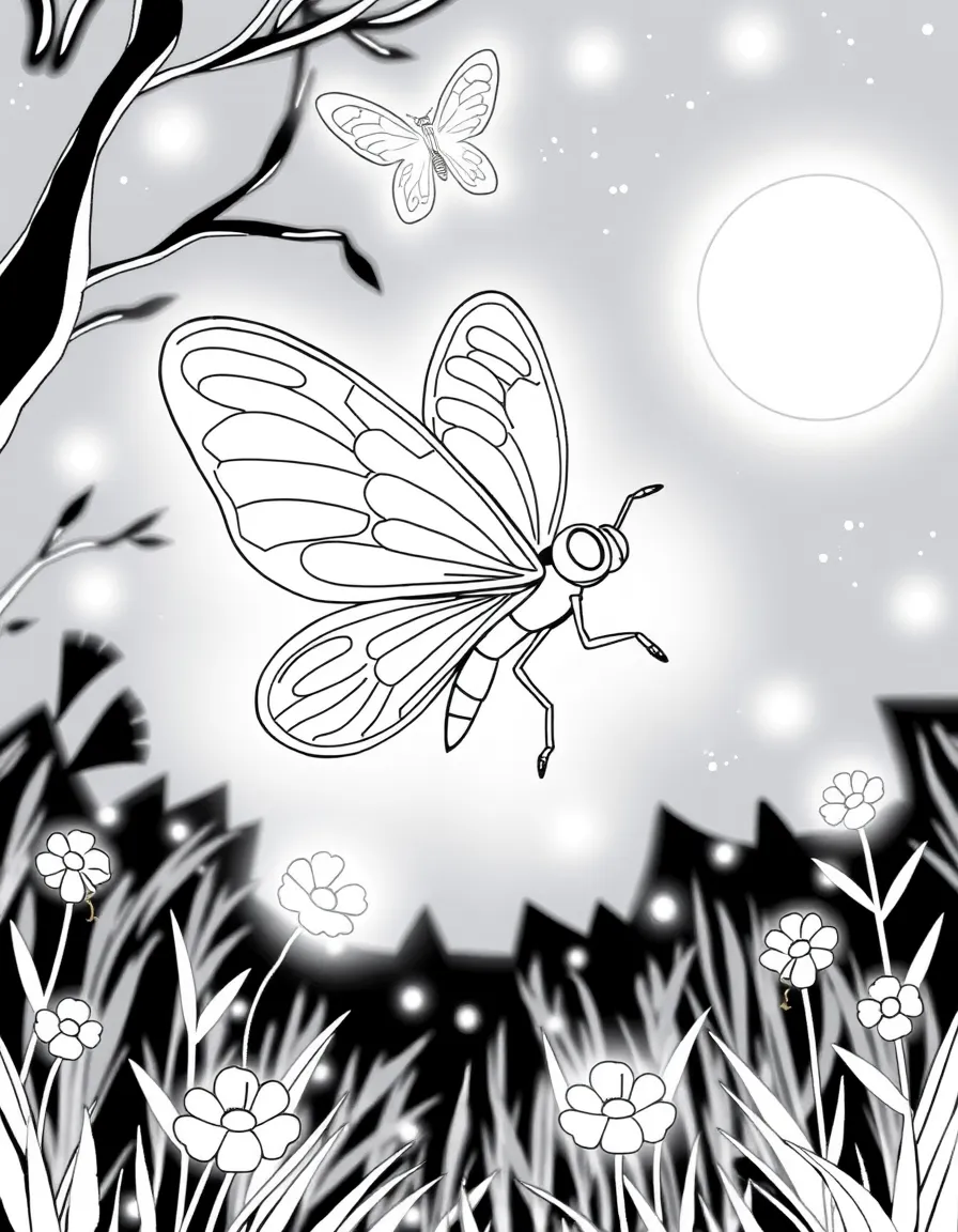 A firefly glowing in the darkness, with other fireflies creating a magical light show in a twilight scene