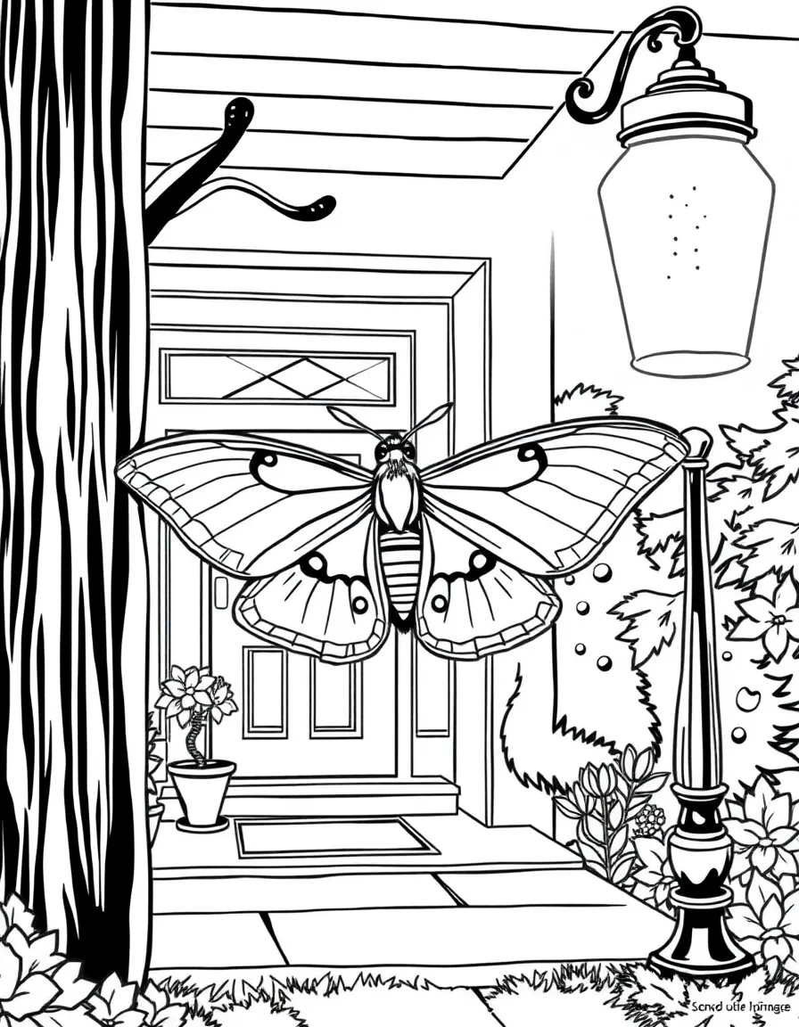 A moth attracted to a porch light, with detailed wing patterns and a cozy house setting in the background