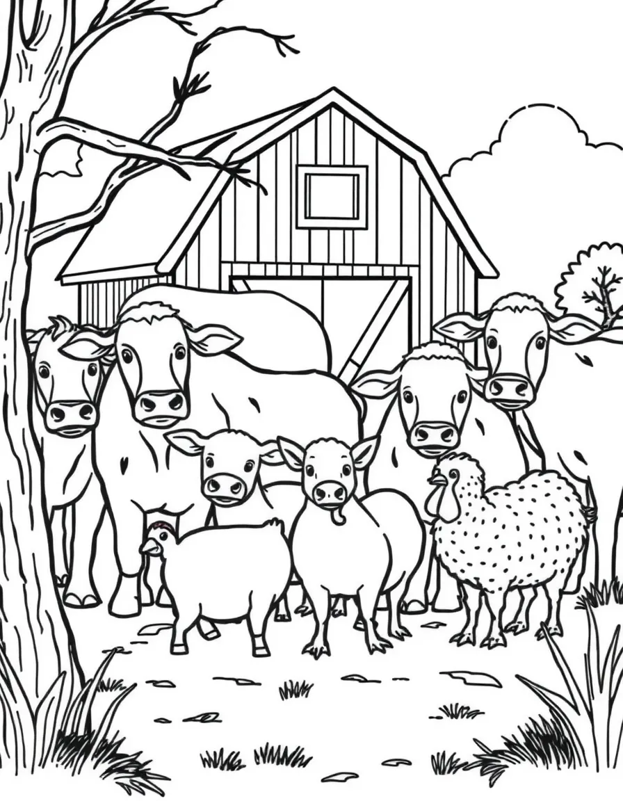 A group of farm animals in a barnyard, including cows, pigs, chickens, and sheep with a red barn behind