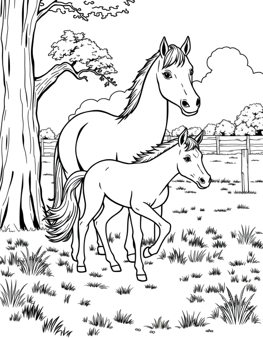 A horse and foal in a pasture, with the young horse learning to run and play while its mother watches
