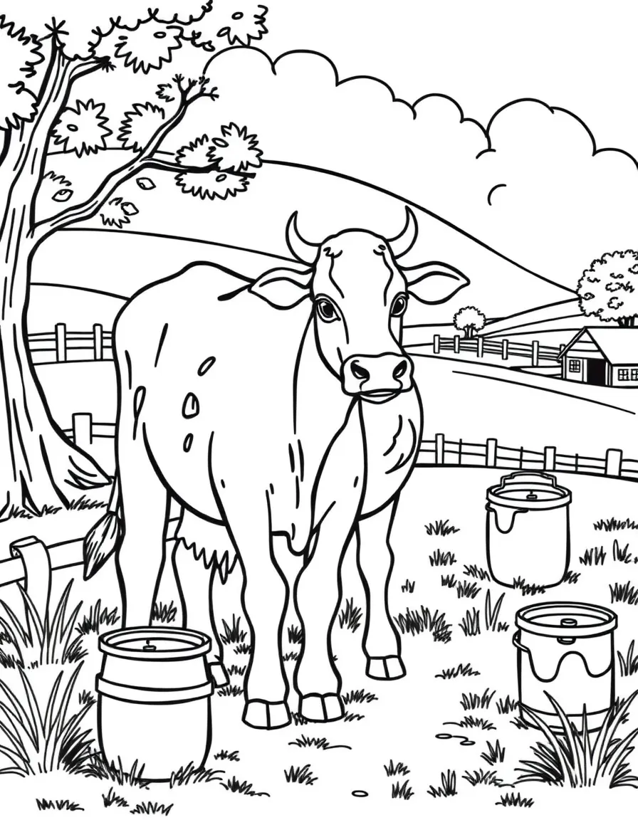 A dairy cow in a green pasture, with milk buckets and a farm setting showing rural agricultural life