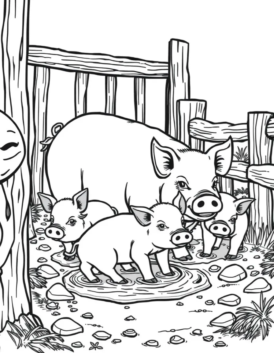 A pig family wallowing in mud, with piglets playing and staying cool in their pen with wooden fences