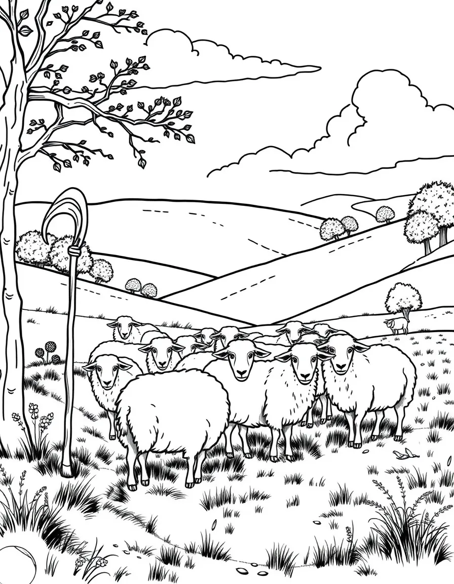 A flock of sheep in a rolling hillside meadow, with a shepherd's staff and pastoral countryside scenery