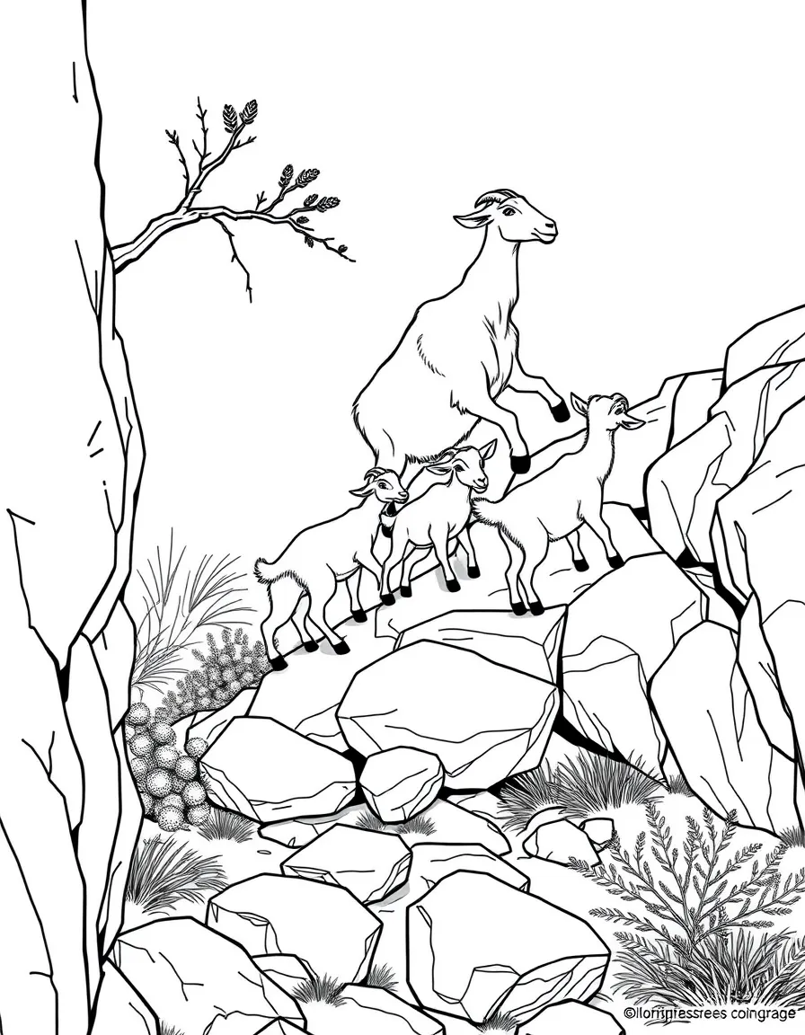 A goat family climbing on rocky terrain, with kids jumping and playing while adults graze on scrub brush