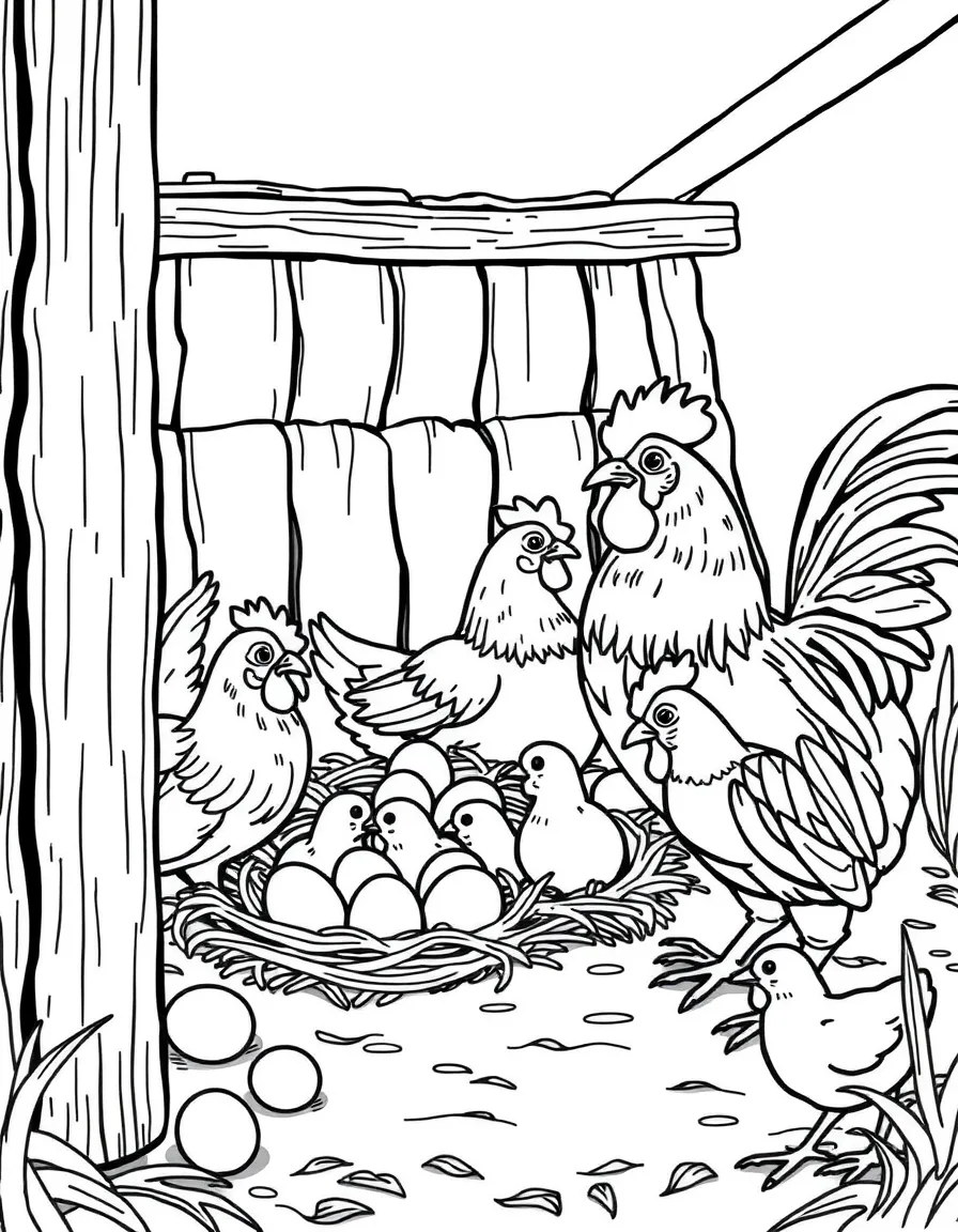 A chicken coop with hens and roosters, showing eggs in nests and chicks following their mothers around
