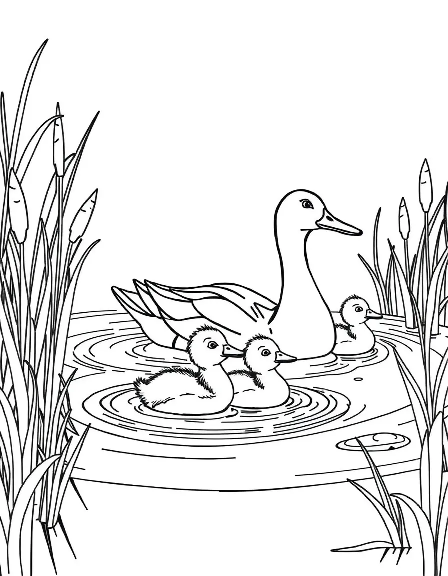 A duck family swimming in a farm pond, with ducklings in a line behind their mother and cattails around