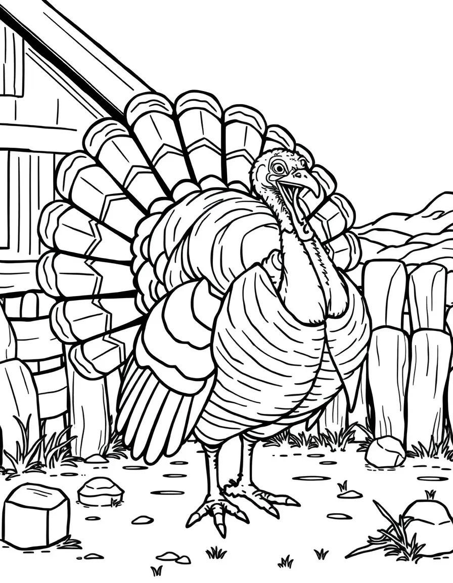 A turkey displaying its tail feathers, with the full fan spread and detailed plumage in a farmyard setting
