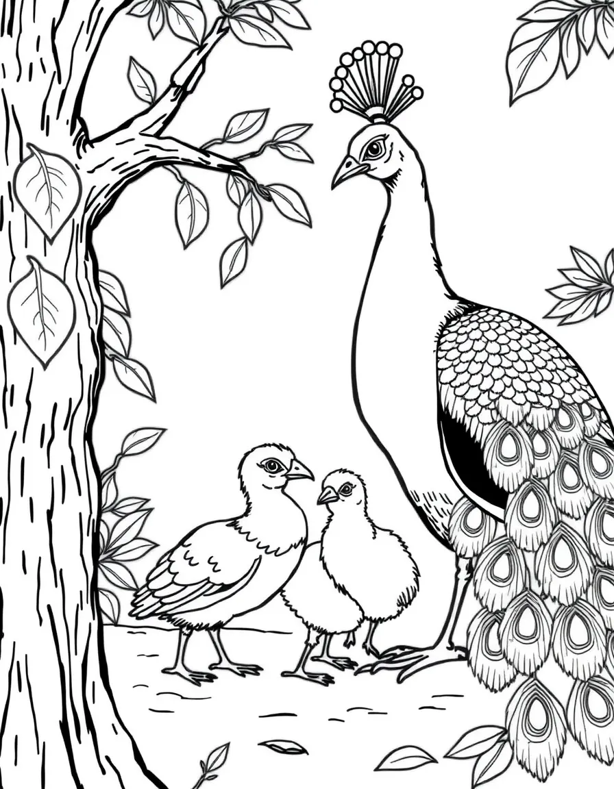 A peacock and peahen with their chicks, showing the male's brilliant display and the family dynamic