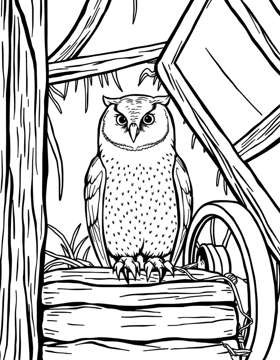 A barn owl in a hay loft, with round face and silent flight feathers, surrounded by farm equipment