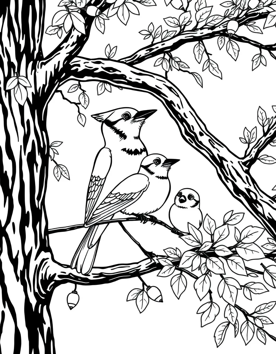 A blue jay family in an oak tree, with acorns and autumn leaves showing their woodland habitat