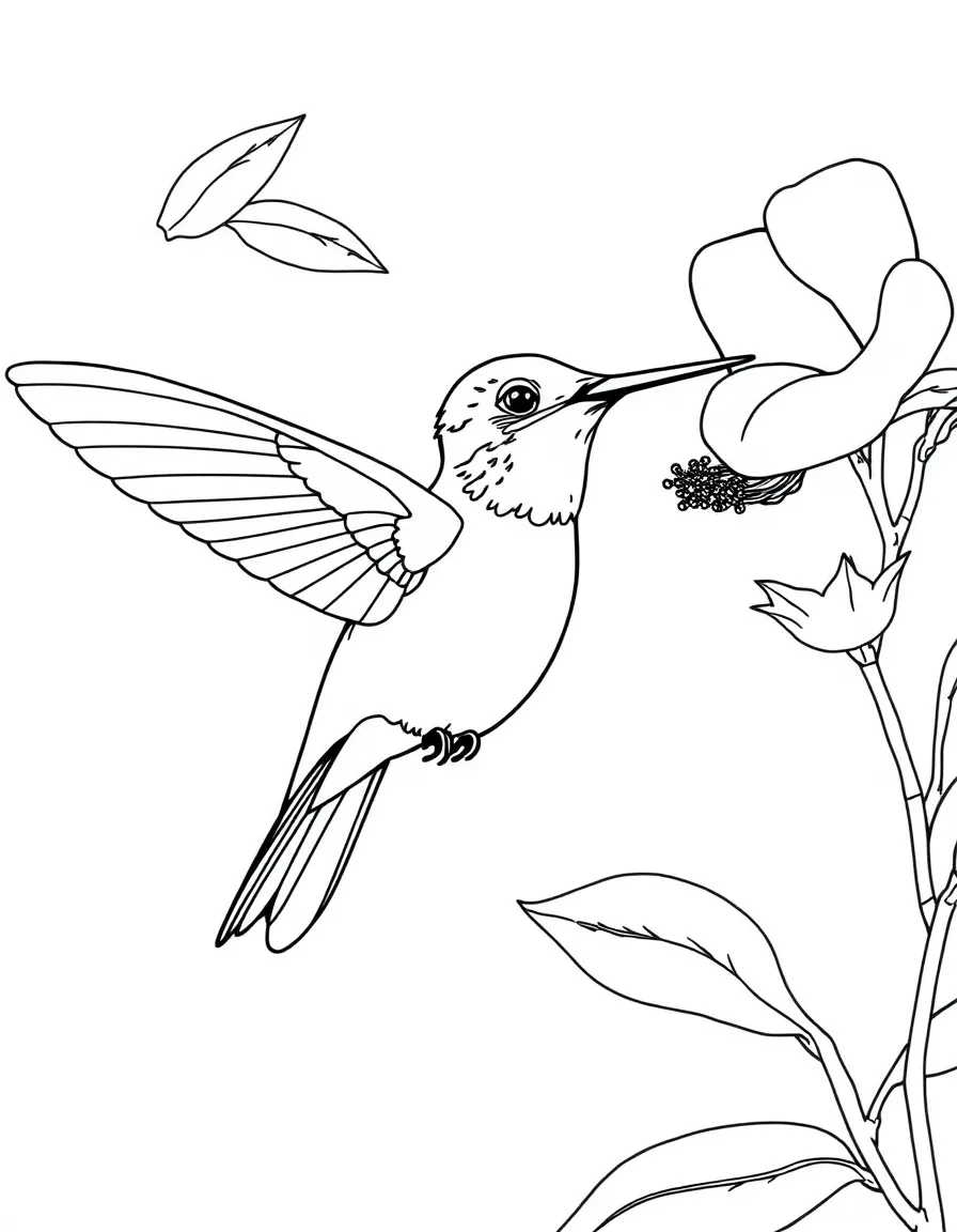 A hummingbird hovering at a flower, with its rapid wing beats blurred and long beak reaching for nectar