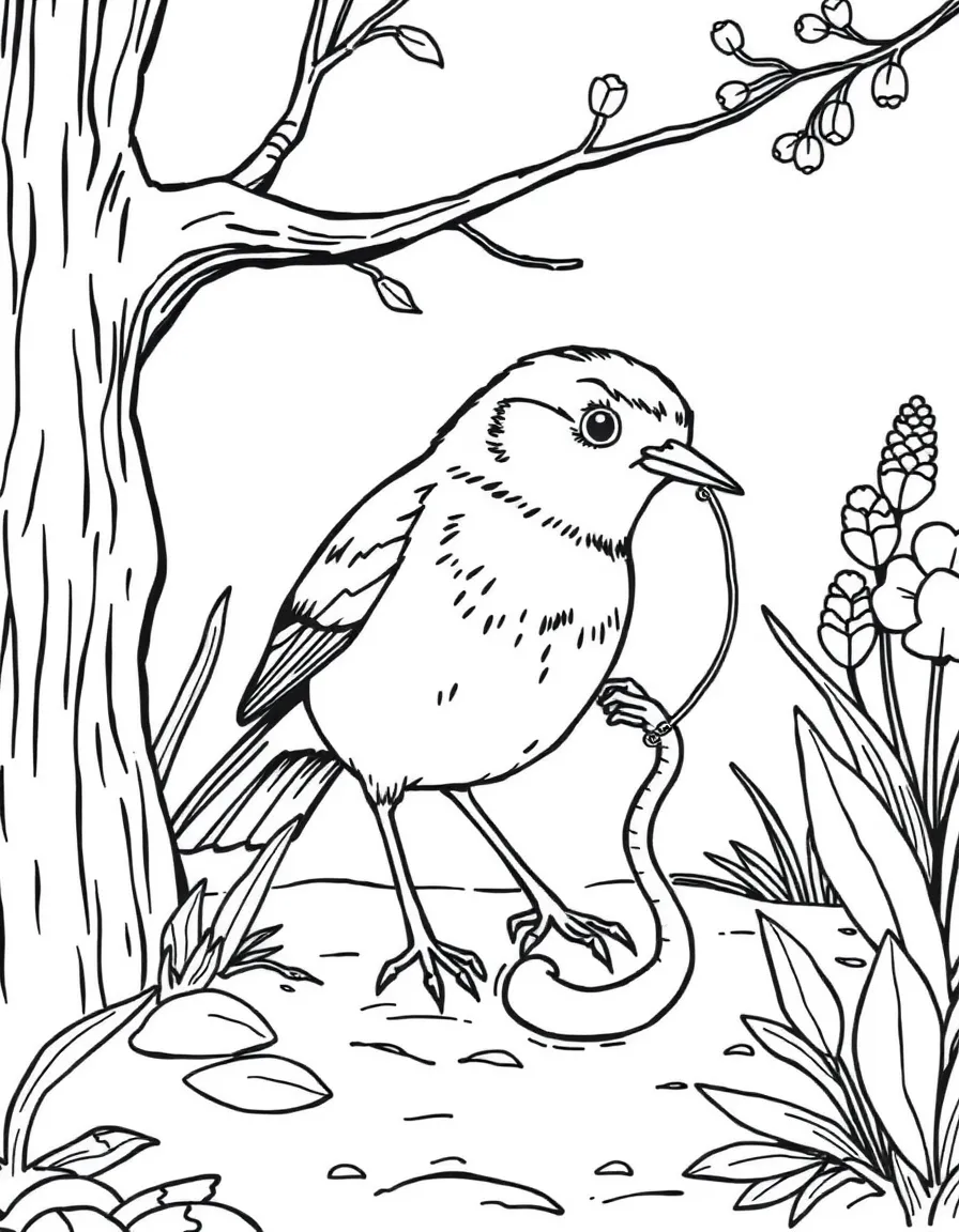 A robin pulling a worm from the ground, showing early morning activity and spring garden setting