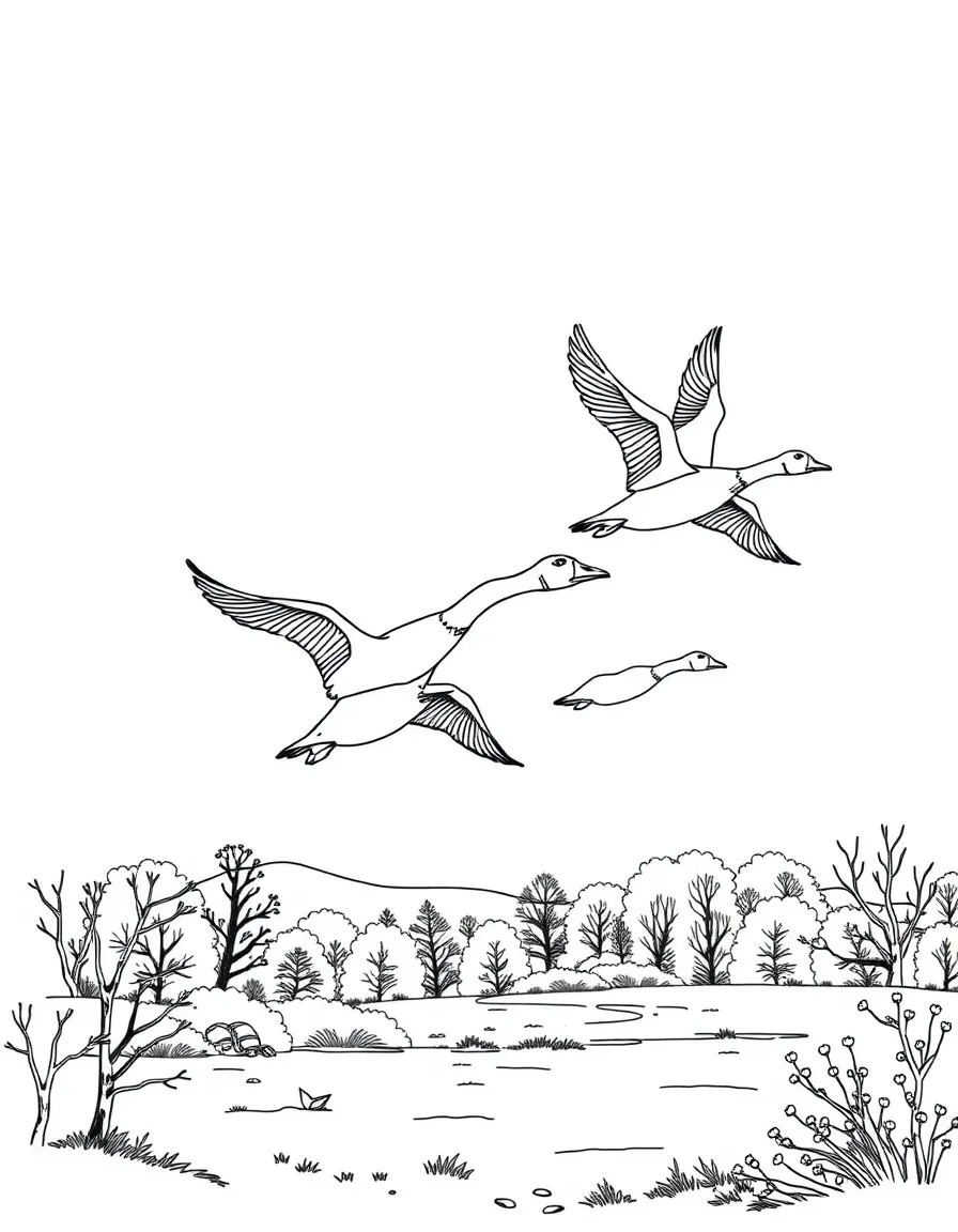 A group of geese flying in V-formation, with detailed wing positions and autumn landscape below them